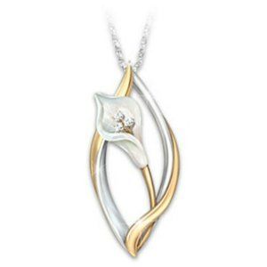 New - Calla Lily with White Topaz Two Tone Necklace